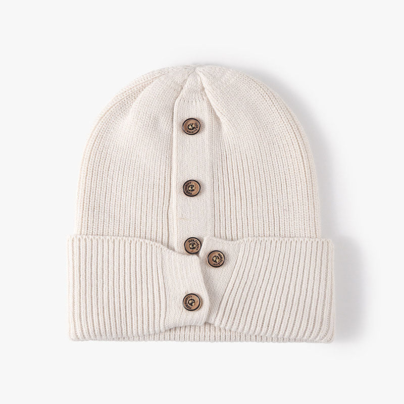 Round button knit hat